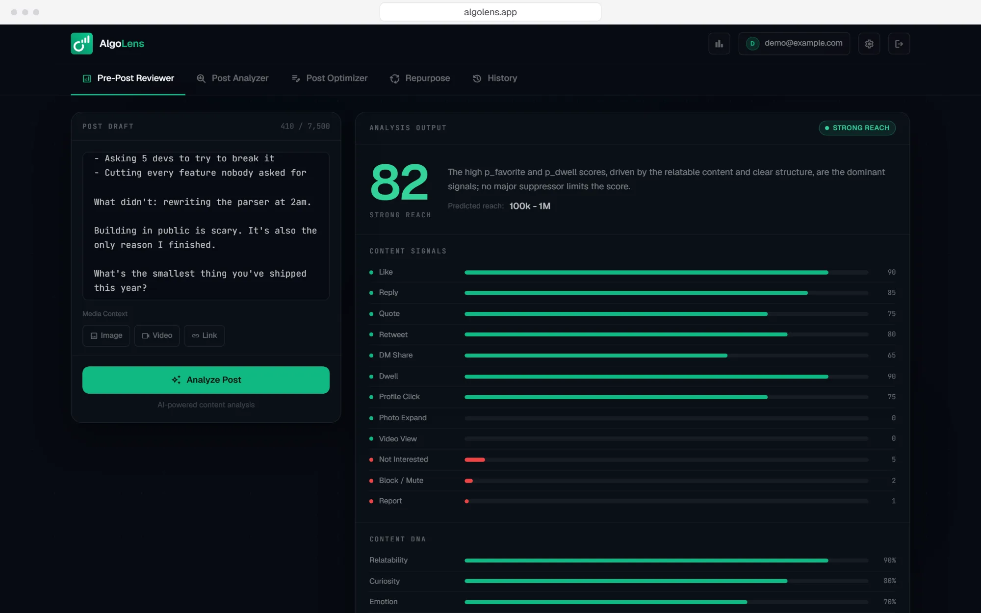 AlgoLens reviewer: a draft scored 82, Strong Reach, with predicted reach and content signal bars
