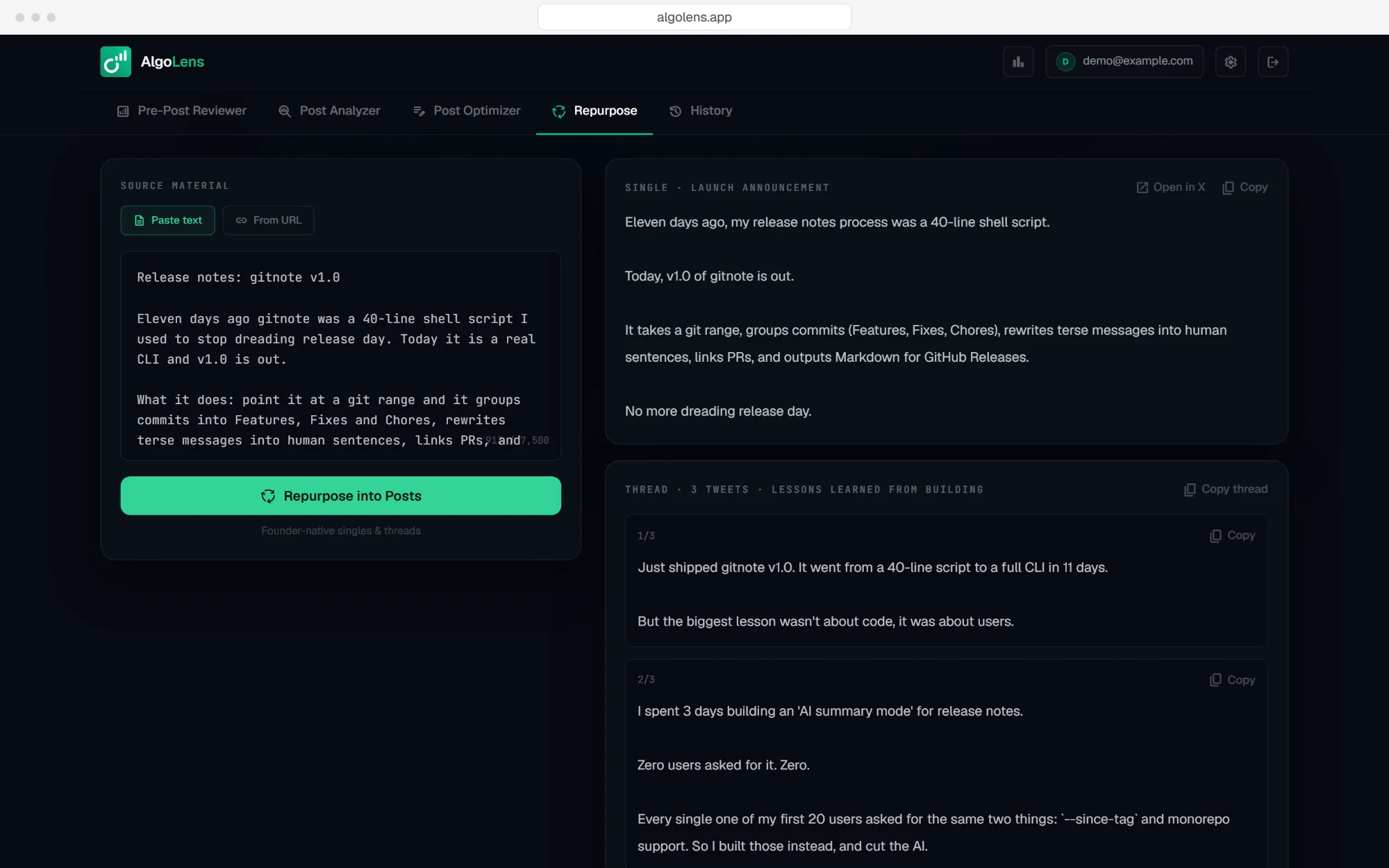 AlgoLens repurpose: release notes turned into a launch post and a three-tweet thread