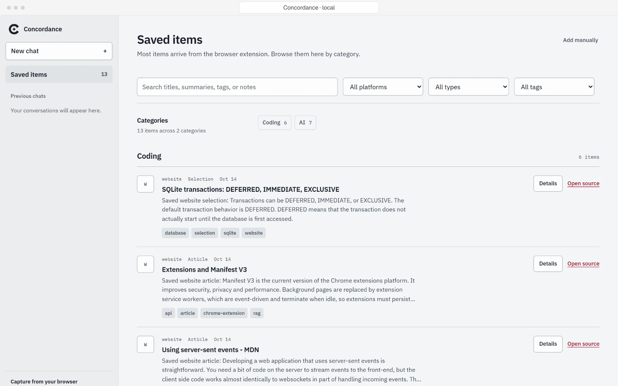 Concordance library: saved items grouped into Coding and AI, each with a summary, tags, and source link