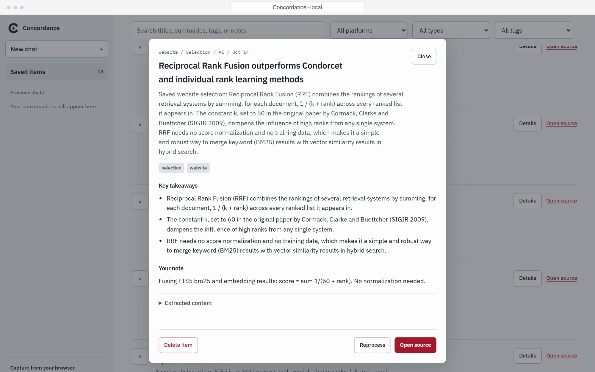 Concordance item detail: summary, tags, key takeaways, and the user note for a saved paper