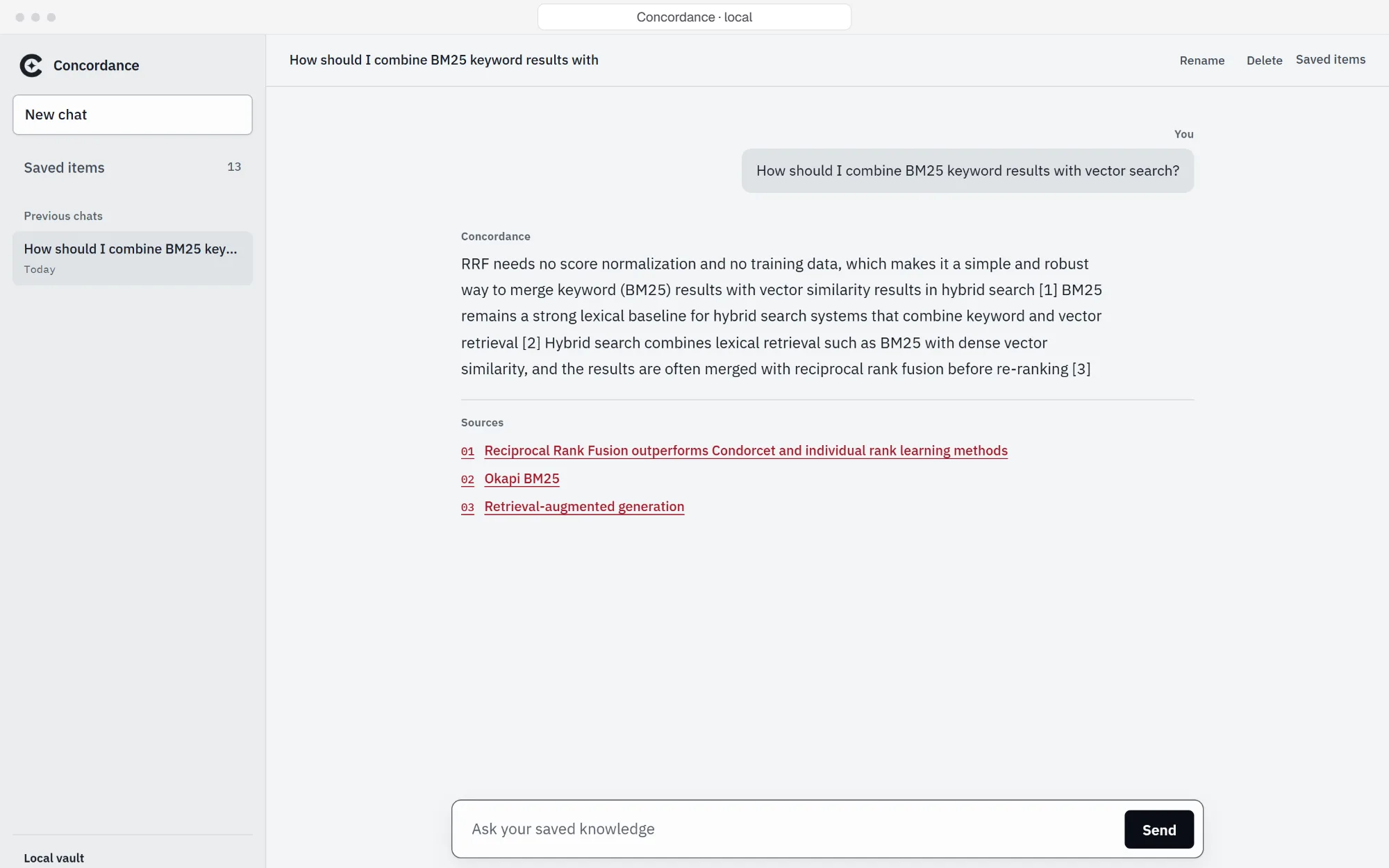 Concordance chat: an answer about combining BM25 and vector search with three cited sources