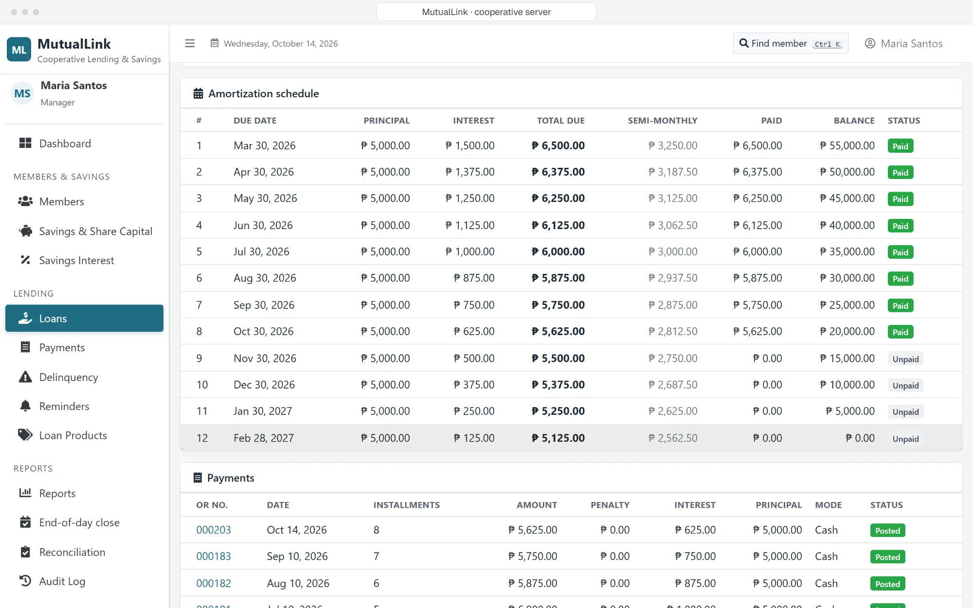 MutualLink amortization schedule for a demo loan, with paid and unpaid installments (synthetic data)
