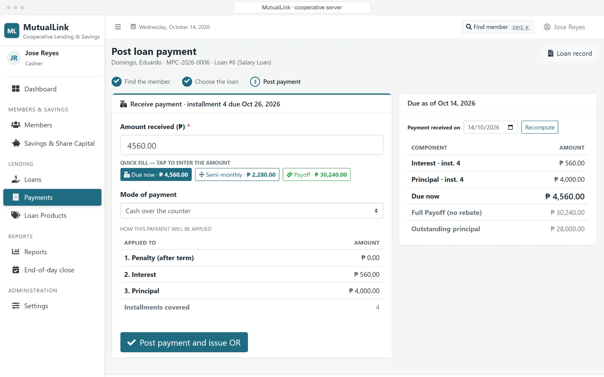 MutualLink payment posting with the live penalty, interest, and principal breakdown (synthetic data)